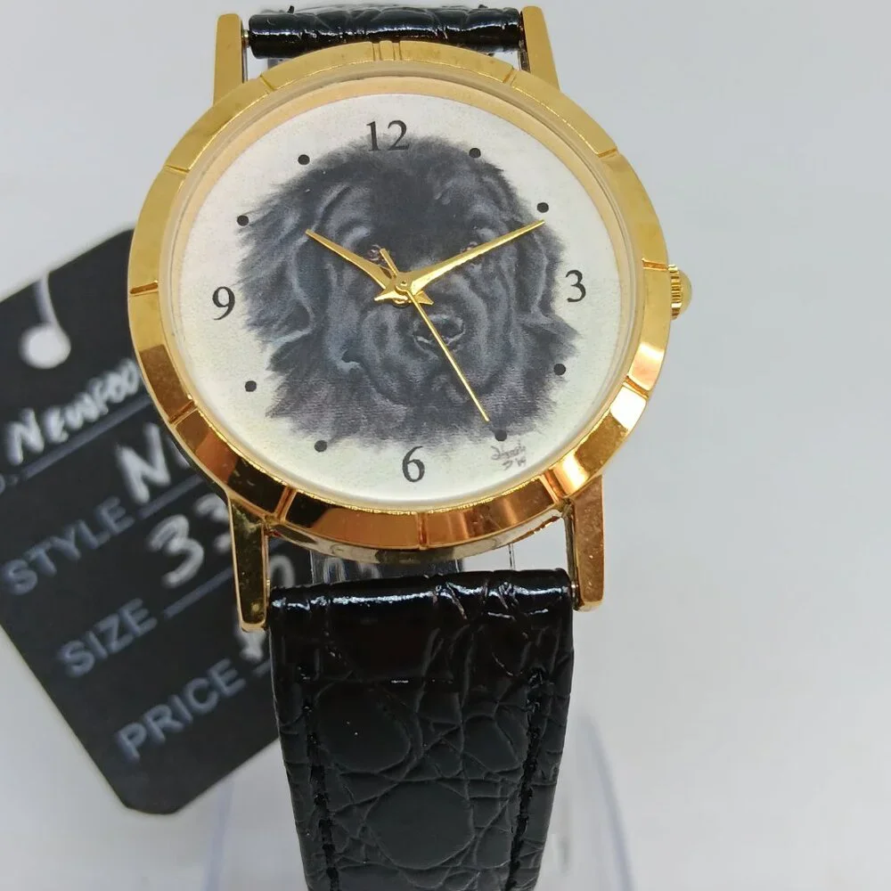 Newfoundland Dog 33mm Women's Gold Tone Black Leather Band Watch NWT